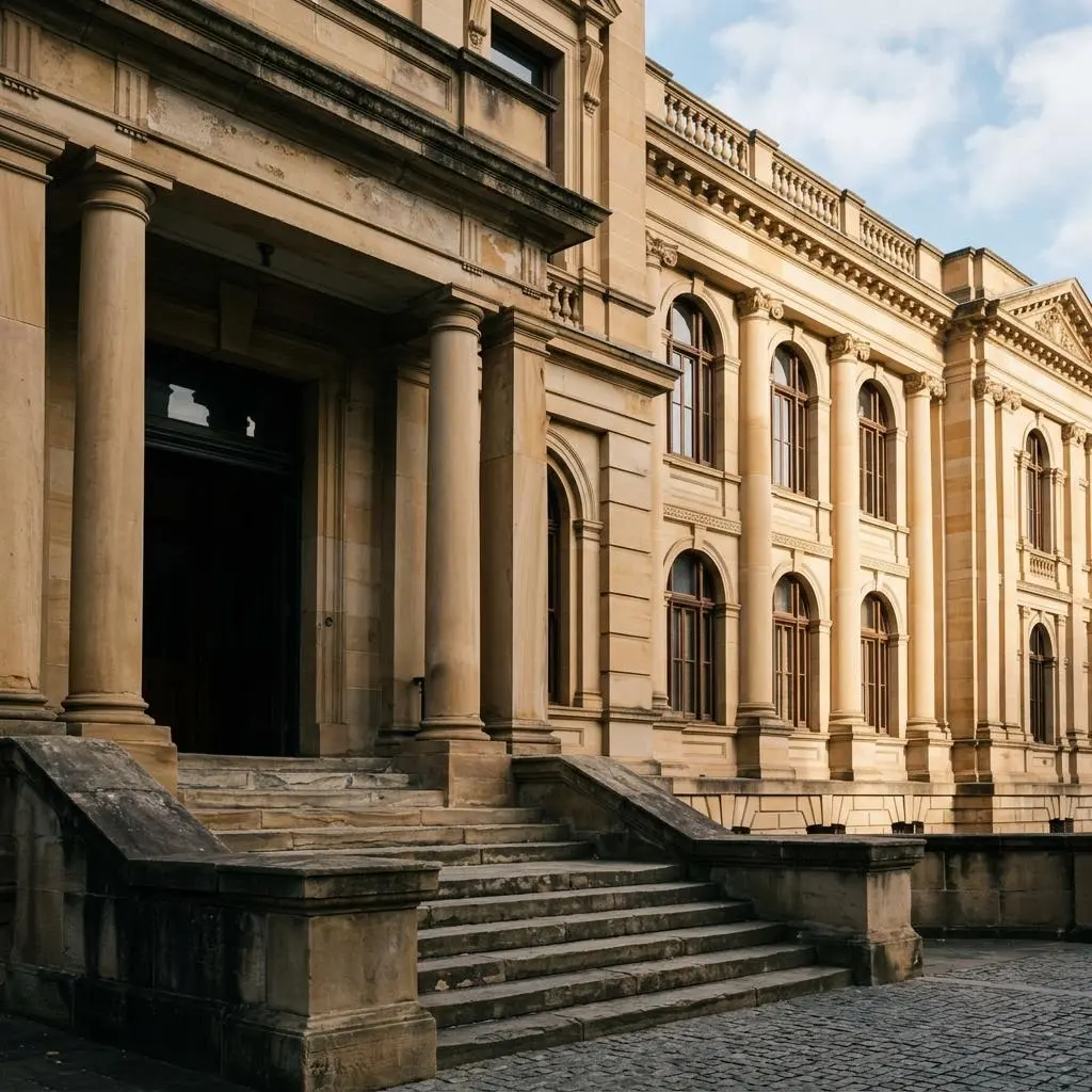 Sandstone courthouse with columns, arched windows and stone steps (illustrative architectural image)